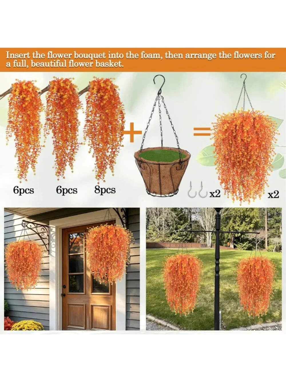 2 Set UV Resistant Fall Artificial Flower Hanging Baskets for Outdoor Decor
